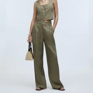 The Harlow Wide-Leg Pant in 100% Linen - Size 2 - Distant Surplus Green